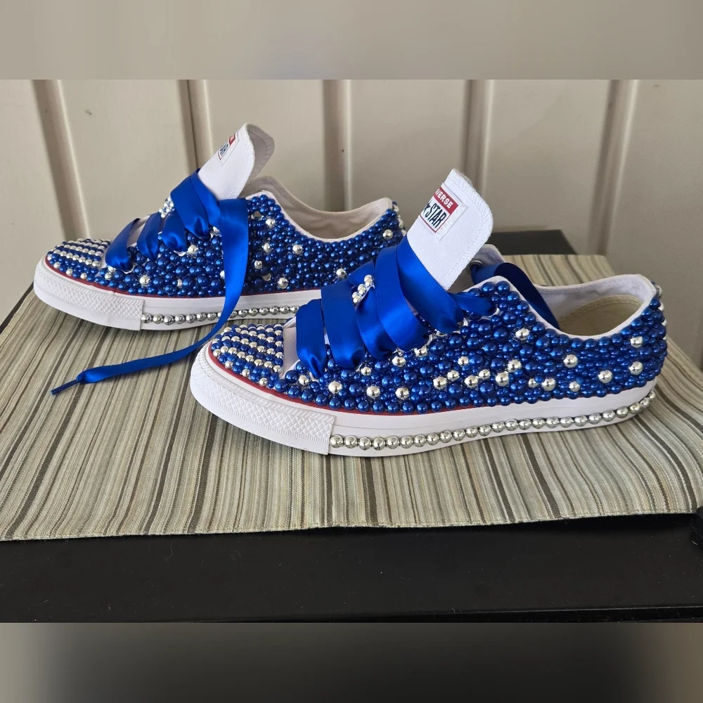 Converse All Star Blue and Silver Beaded Sneakers - Picture 2 of 10